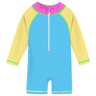 Toddler denim blue long sleeve rash guard swimsuit with contrast trim and front zipper for comfortable beach and pool activities.