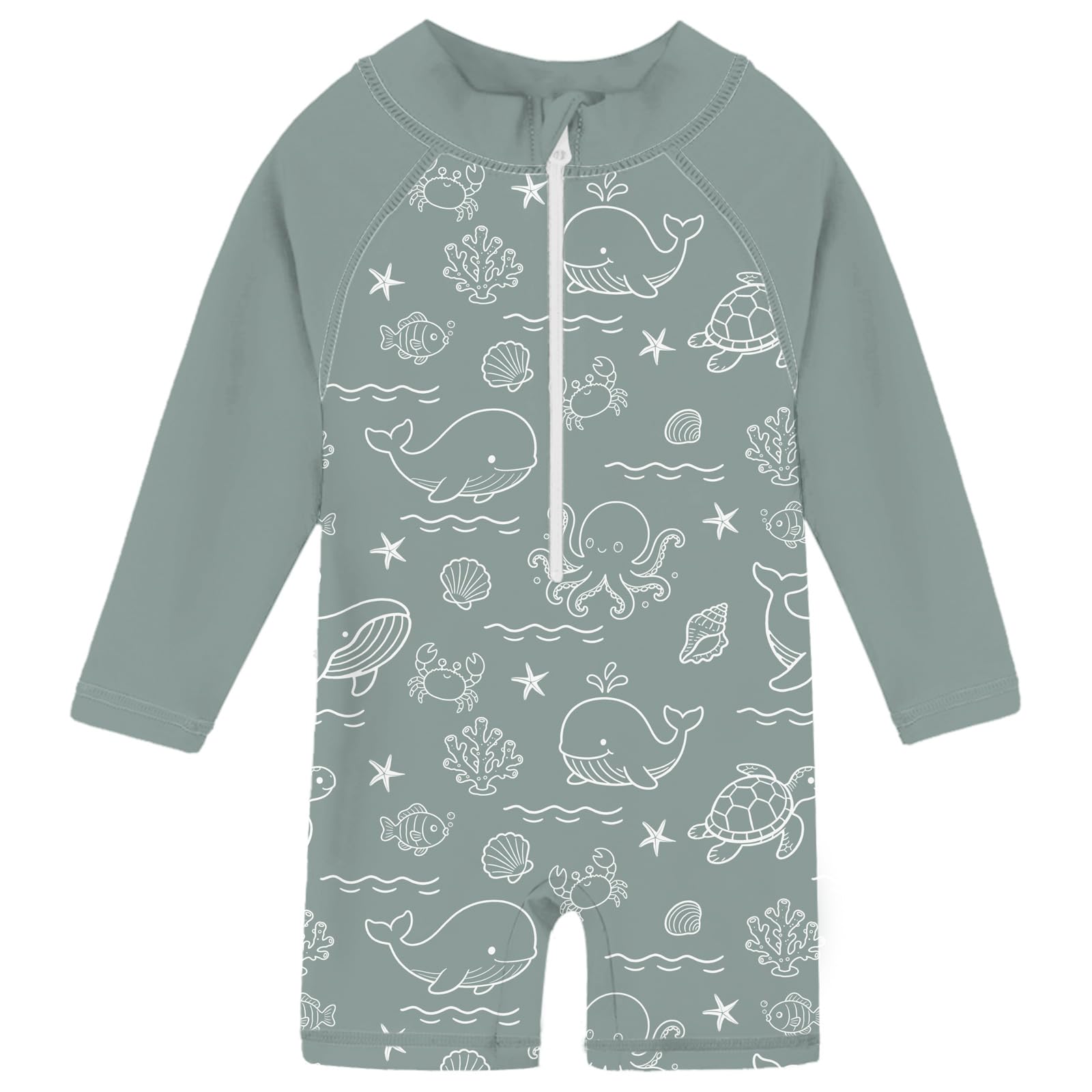 Toddler boys Dolphin print long sleeve rash guard swimsuit with front zipper and comfortable one-piece design for pool and beach activities.