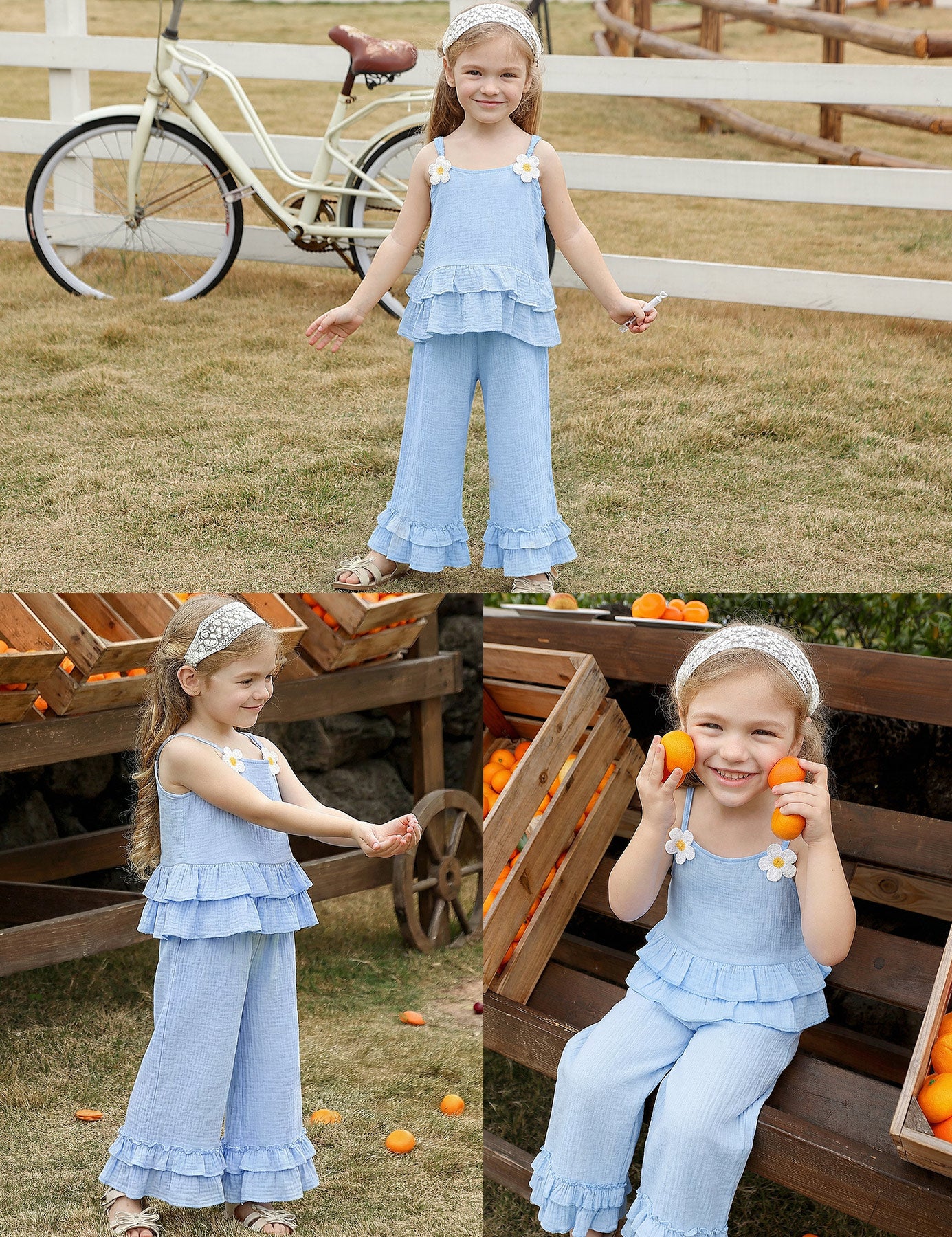 Toddler girl wearing a light blue cotton two piece outfit with ruffle top and wide leg pants in an outdoor setting.