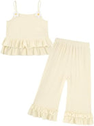Toddler girls apricot two piece outfit with soft cotton fabric and cute ruffle details.