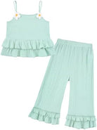 Toddler girls green two piece cotton outfit featuring ruffle details and comfortable wide leg pants.