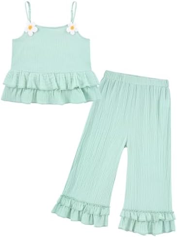 Toddler girls green two piece cotton outfit featuring ruffle details and comfortable wide leg pants.