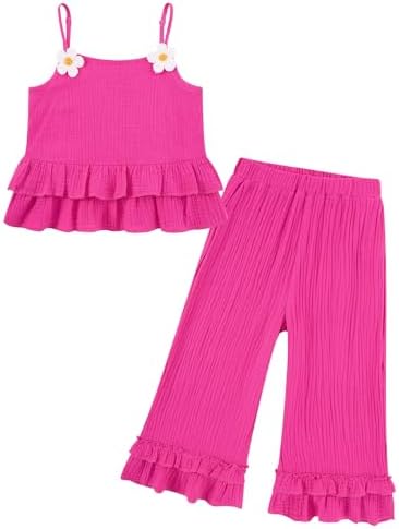 Toddler girls hot pink summer outfit set with adjustable straps and matching pants.