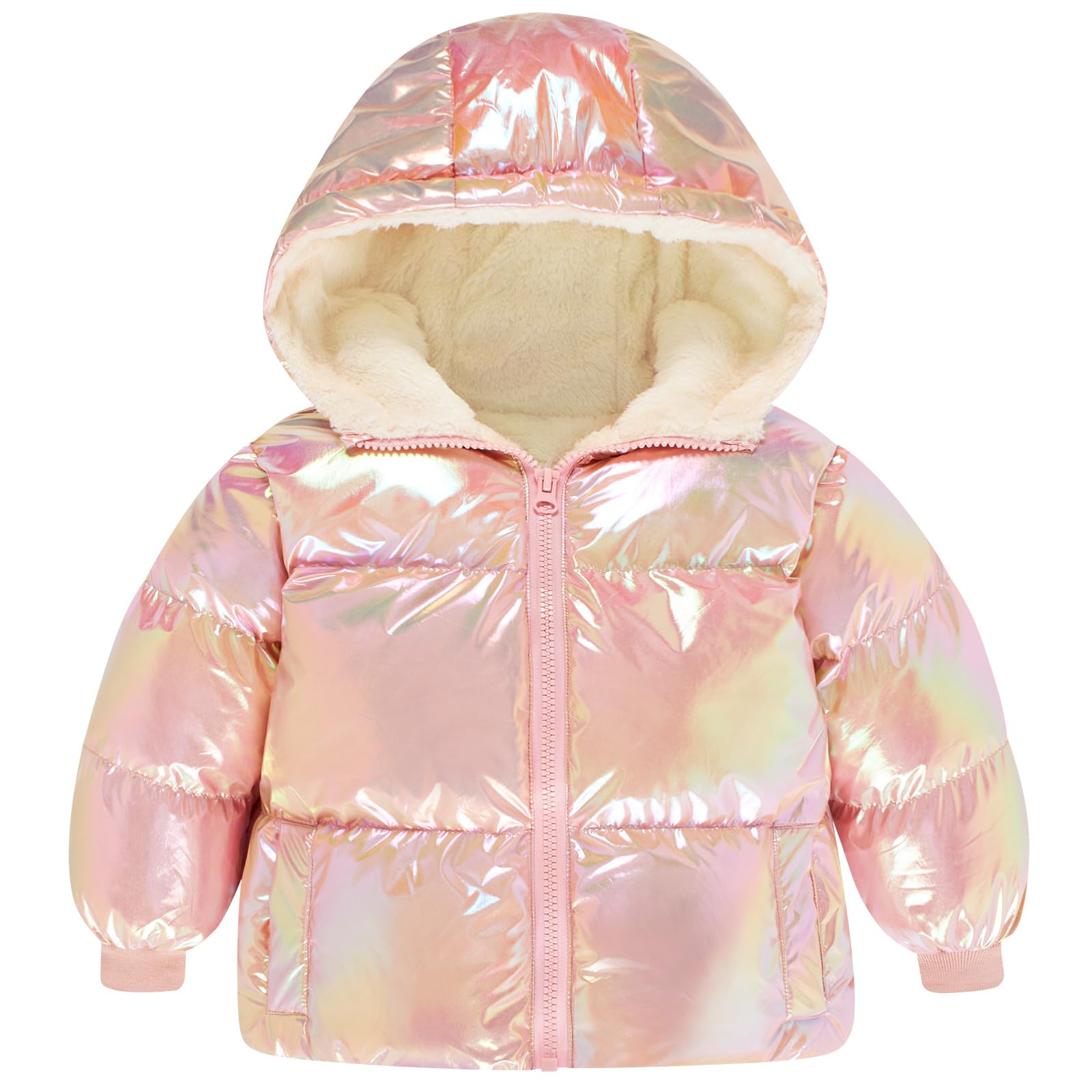 Toddler girls pink shimmer puffer jacket with hood, lightweight padding and soft fleece lining for warm winter outdoor wear.