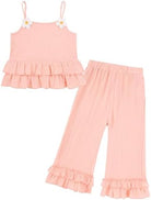 Toddler girls pink cotton summer outfit featuring a sleeveless top and matching pants.
