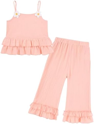 Toddler girls pink cotton summer outfit featuring a sleeveless top and matching pants.