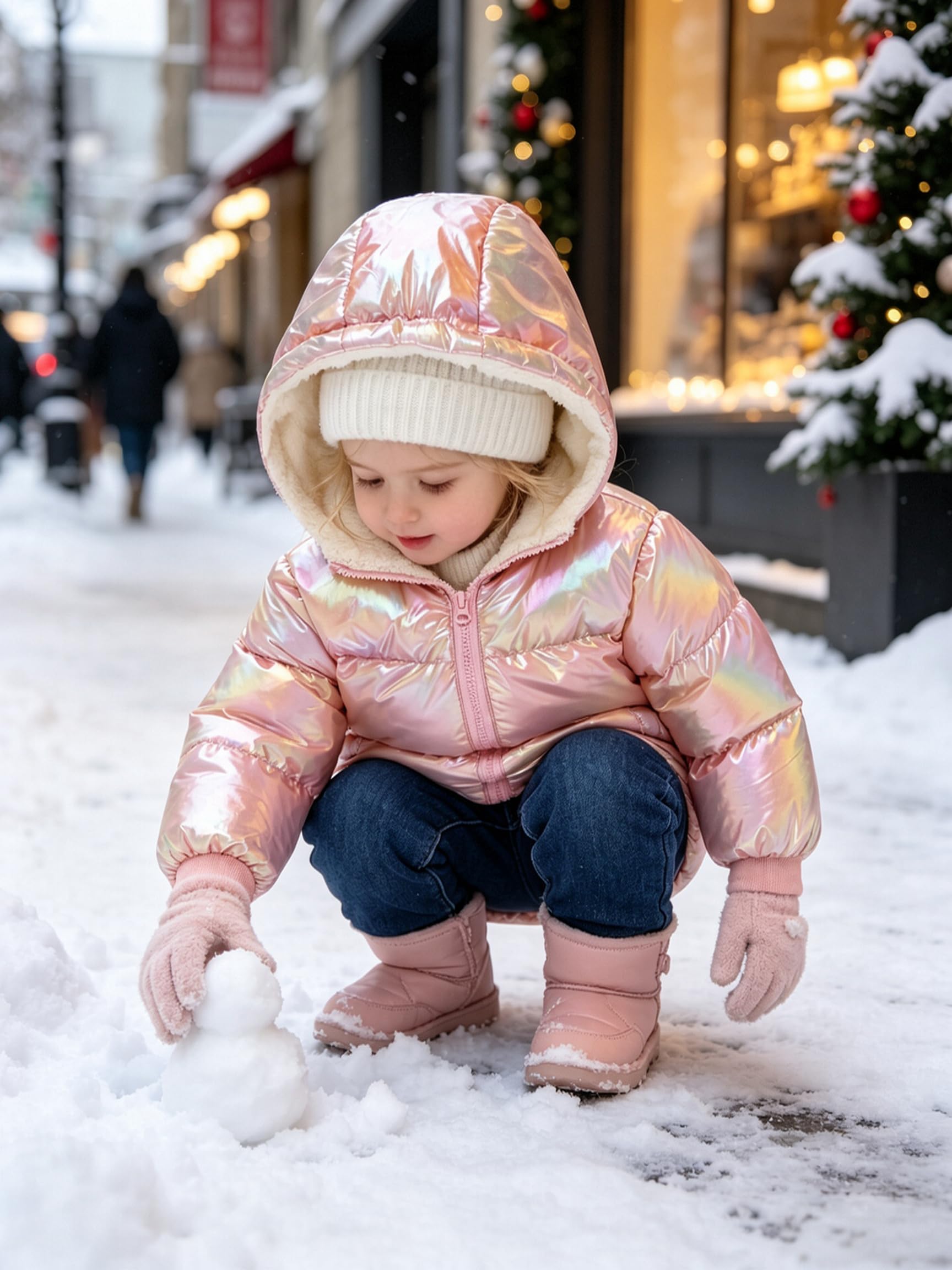 Toddler girl wearing a shiny puffer coat during a winter outing, showing the lightweight fit and warm outerwear design.