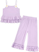 Toddler girls purple cotton outfit with ruffle top and relaxed wide leg pants for summer wear.