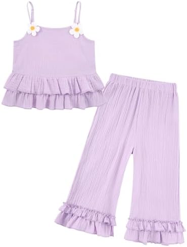 Toddler girls purple cotton outfit with ruffle top and relaxed wide leg pants for summer wear.