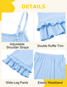 Detailed view of toddler girls outfit features including adjustable shoulder straps, double ruffle trim, wide leg pants, and elastic waistband.