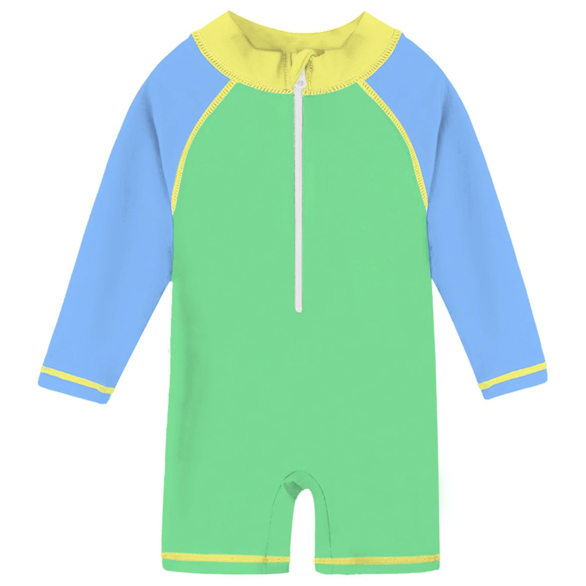 Toddler green colorblock rash guard swimsuit with long sleeves, front zipper and comfortable one-piece design for outdoor water play.