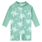 Toddler boys Green Turtle print rash guard swimsuit with long sleeves, front zipper and full coverage fit for beach and pool days.