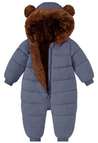 Toddler grey one-piece snowsuit with plush brown bear-ear hood and quilted construction for everyday winter and snowy outdoor activities.