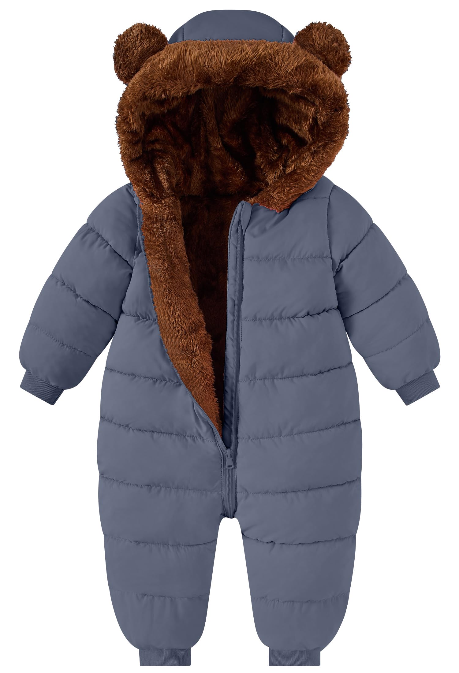 Toddler grey one-piece snowsuit with plush brown bear-ear hood and quilted construction for everyday winter and snowy outdoor activities.