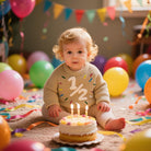 Toddler wearing a khaki half birthday knit sweater while sitting in front of a birthday cake and colorful balloons during a celebration.