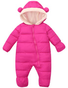Toddler hot pink bear ear puffer snowsuit with full-zip front and warm one-piece construction for winter outdoor wear.