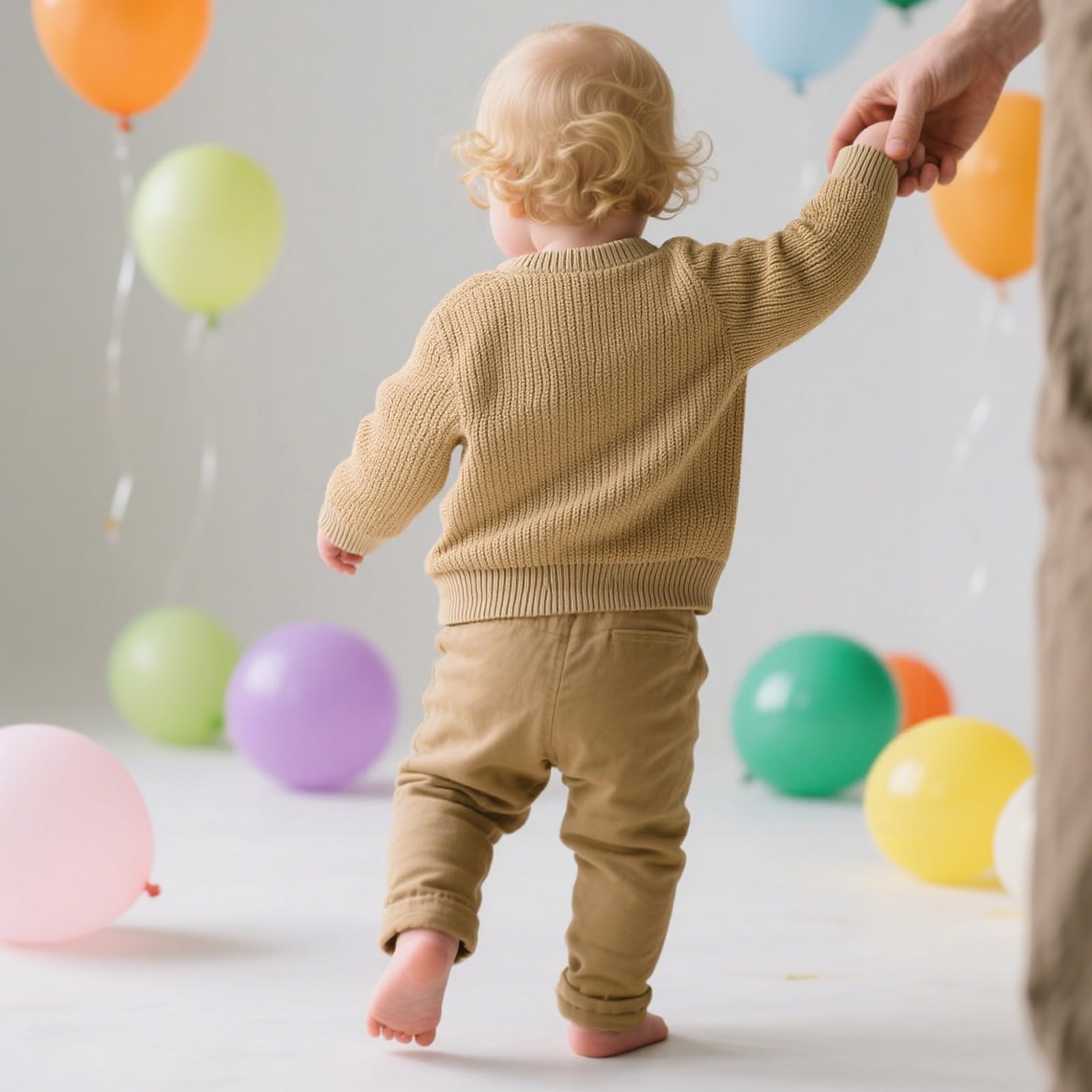 Back view of a toddler wearing a khaki knit birthday sweater while standing beside colorful balloons at a celebration.