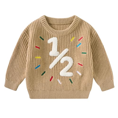 Toddler khaki knit sweater with raised white 1/2 birthday design and colorful embroidered accents for milestone photos and celebrations.