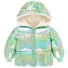 Toddler girls mint green shimmer puffer jacket with soft fleece lining, water resistant outer shell and cozy winter design.
