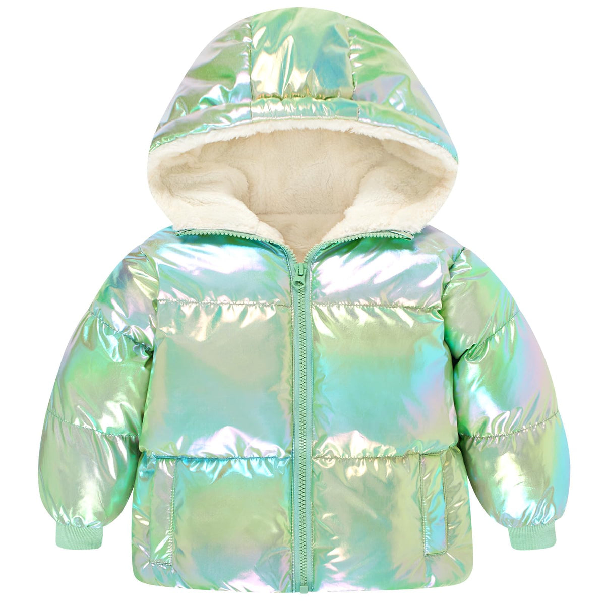 Toddler girls mint green shimmer puffer jacket with soft fleece lining, water resistant outer shell and cozy winter design.