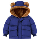 Toddler navy puffer jacket with plush bear-ear hood, soft fleece lining and quilted construction for everyday cold-weather wear.