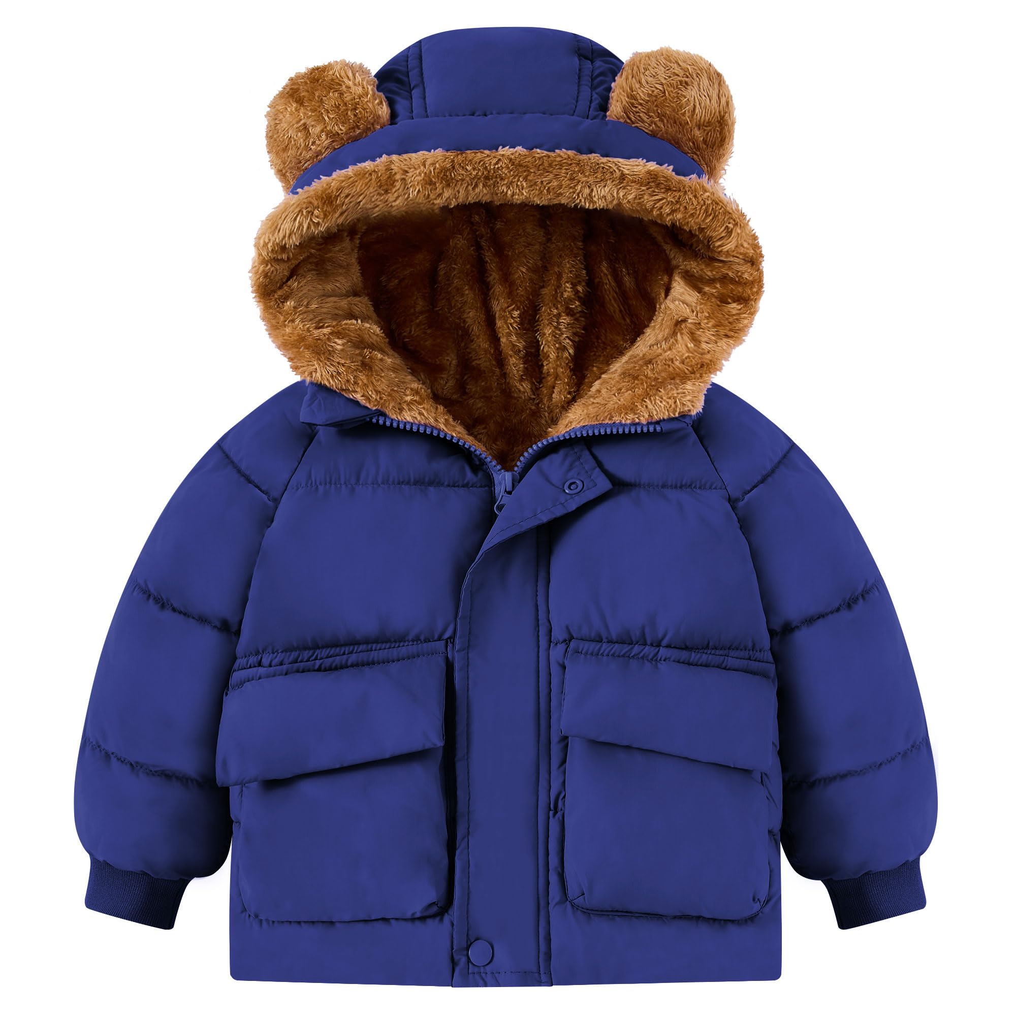 Toddler navy puffer jacket with plush bear-ear hood, soft fleece lining and quilted construction for everyday cold-weather wear.