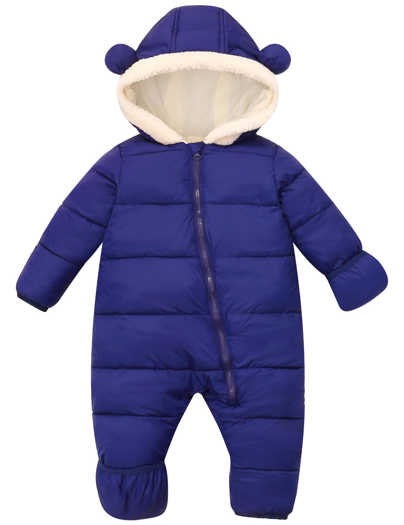 Toddler navy bear ear puffer snowsuit with warm quilted design and front zipper for snow play, travel and everyday winter wear.