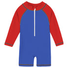 Toddler navy colorblock rash guard swimsuit with long sleeves, front zipper and full coverage design for sunny water activities.