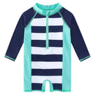 Toddler boys Navy Stripes long sleeve rash guard swimsuit with front zipper and classic striped design for beach, pool and water play.