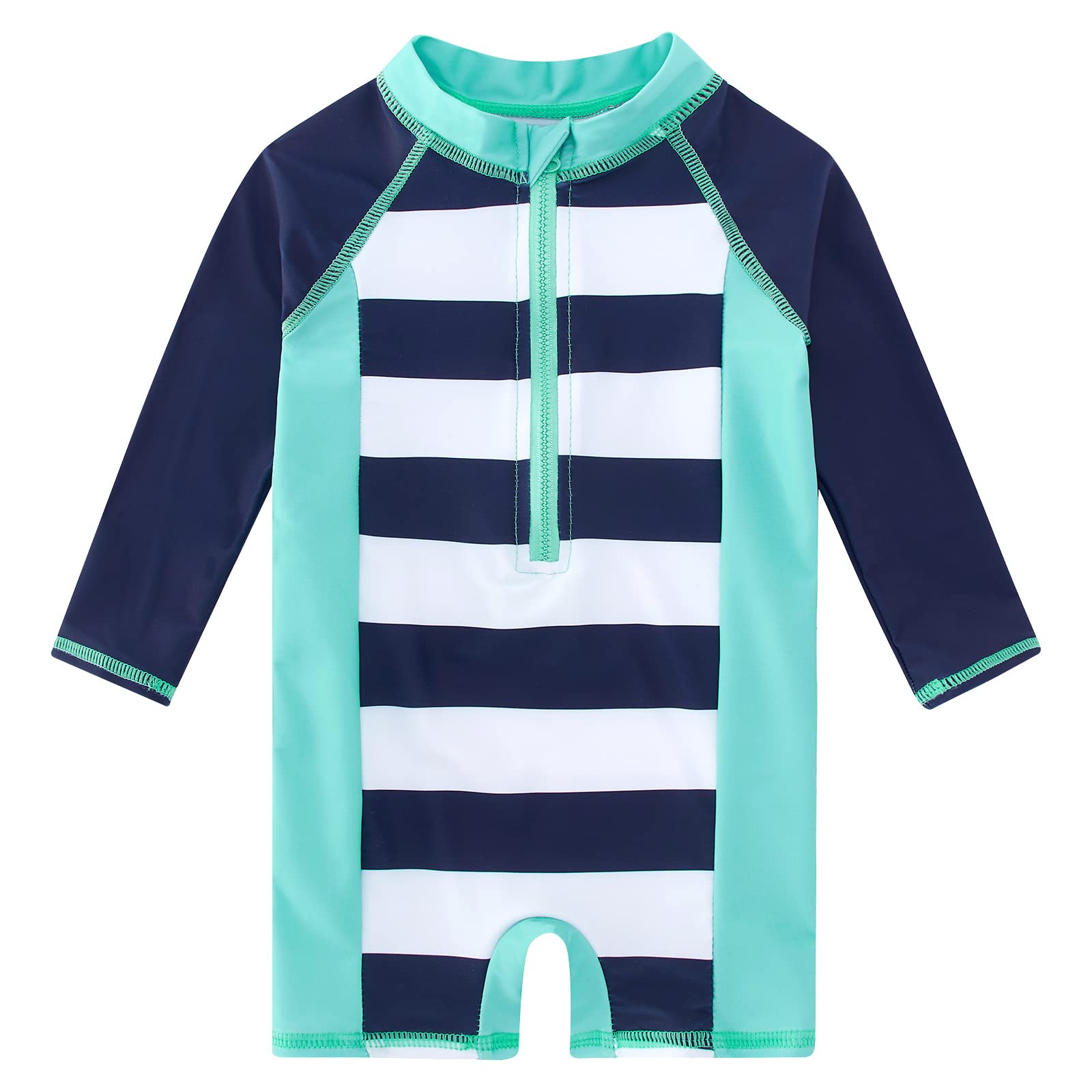 Toddler boys Navy Stripes long sleeve rash guard swimsuit with front zipper and classic striped design for beach, pool and water play.