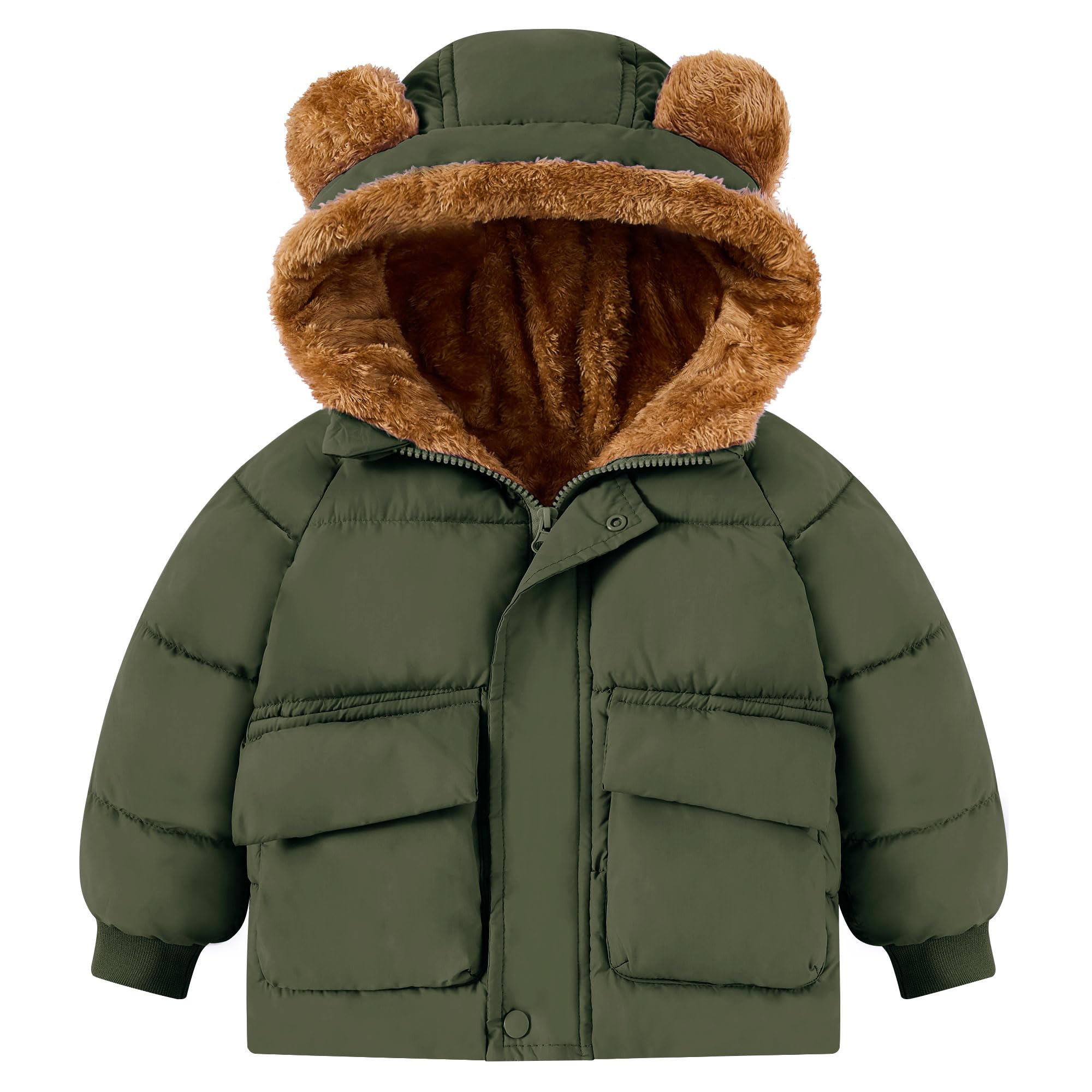 Toddler olive green puffer jacket with brown bear-ear hood, fleece lining and quilted design for cold-weather outdoor wear.