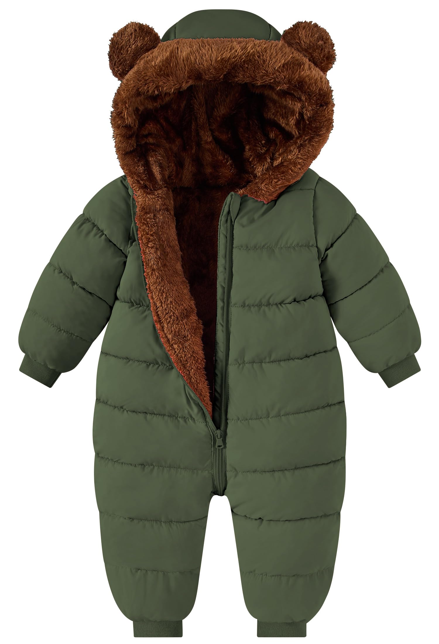 Toddler olive green one-piece snowsuit with plush bear-ear hood and warm quilted construction for outdoor winter wear.
