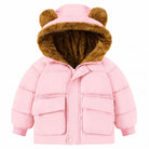 Toddler pink puffer jacket with plush brown bear-ear hood, fleece lining and front pockets for cozy school and winter outfits.