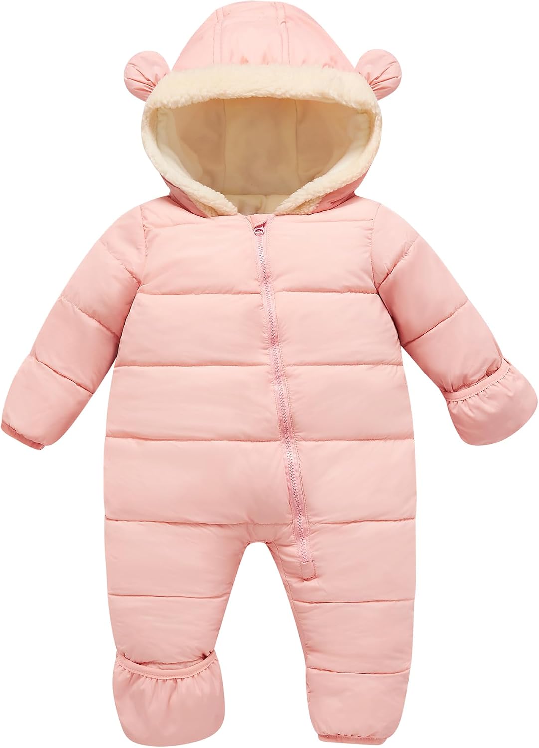 Toddler pink one-piece puffer snowsuit with bear-ear hood, quilted construction and full front zipper for warm winter outdoor wear.