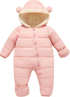 Toddler pink one-piece puffer snowsuit with bear-ear hood, quilted construction and full front zipper for warm winter outdoor wear.