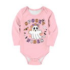 Toddler pink long sleeve Halloween bodysuit with colorful ghost graphic print and soft cotton stretch fabric for festive fall outfits.