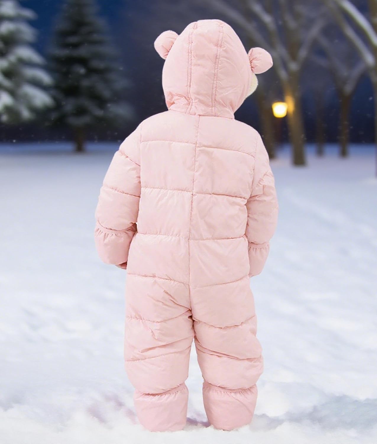 Back view of a toddler wearing a pink bear ear puffer snowsuit while walking through the snow, showing the full-body winter design.