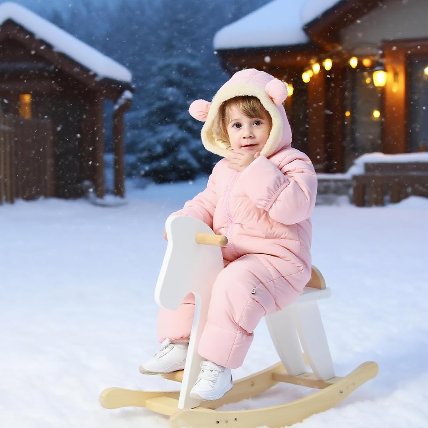 Toddler wearing a pink bear ear puffer snowsuit while sitting on a sled in the snow, styled for playful winter outdoor adventures.