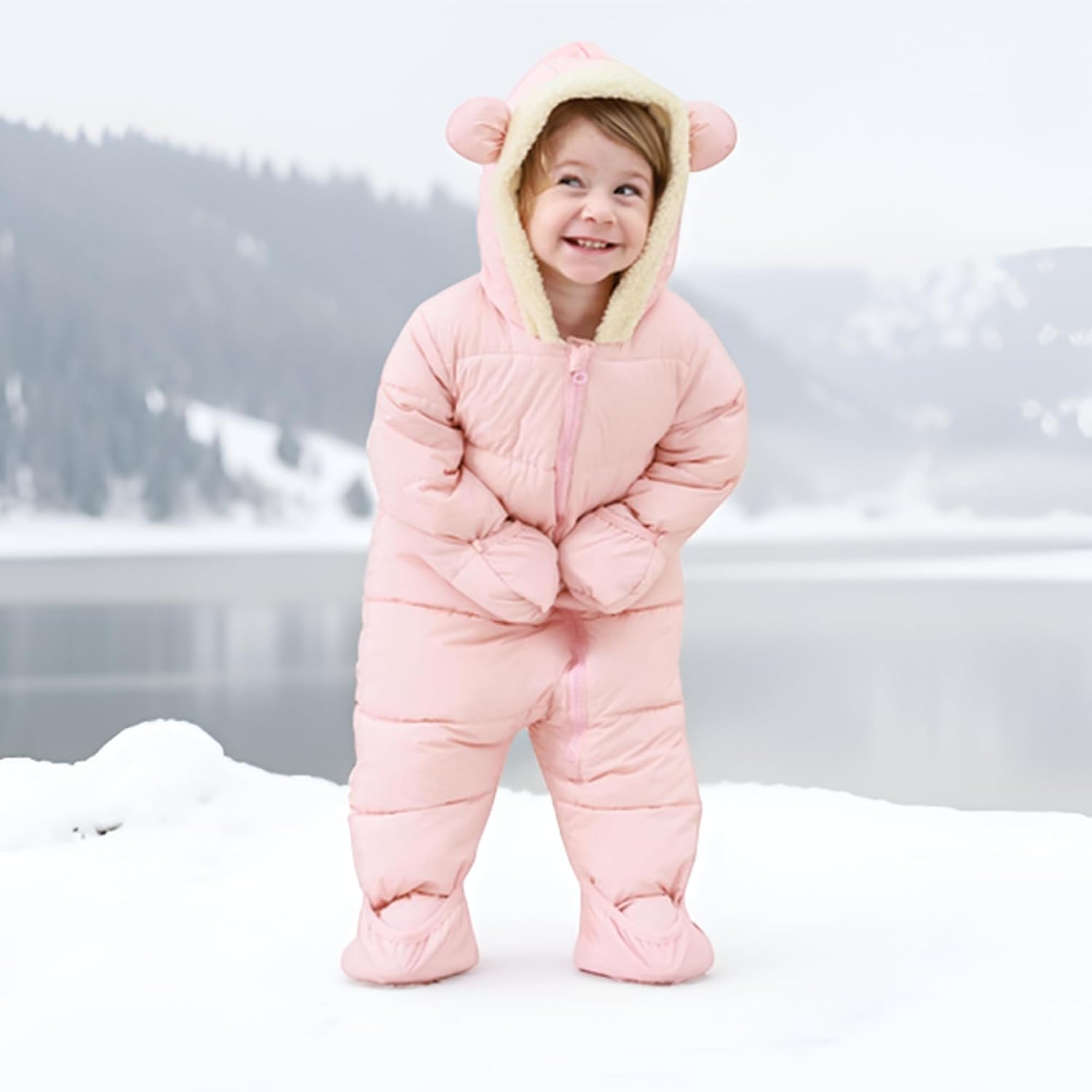 Toddler standing in the snow wearing a pink bear ear puffer snowsuit, showing the warm one-piece fit for winter outdoor activities.