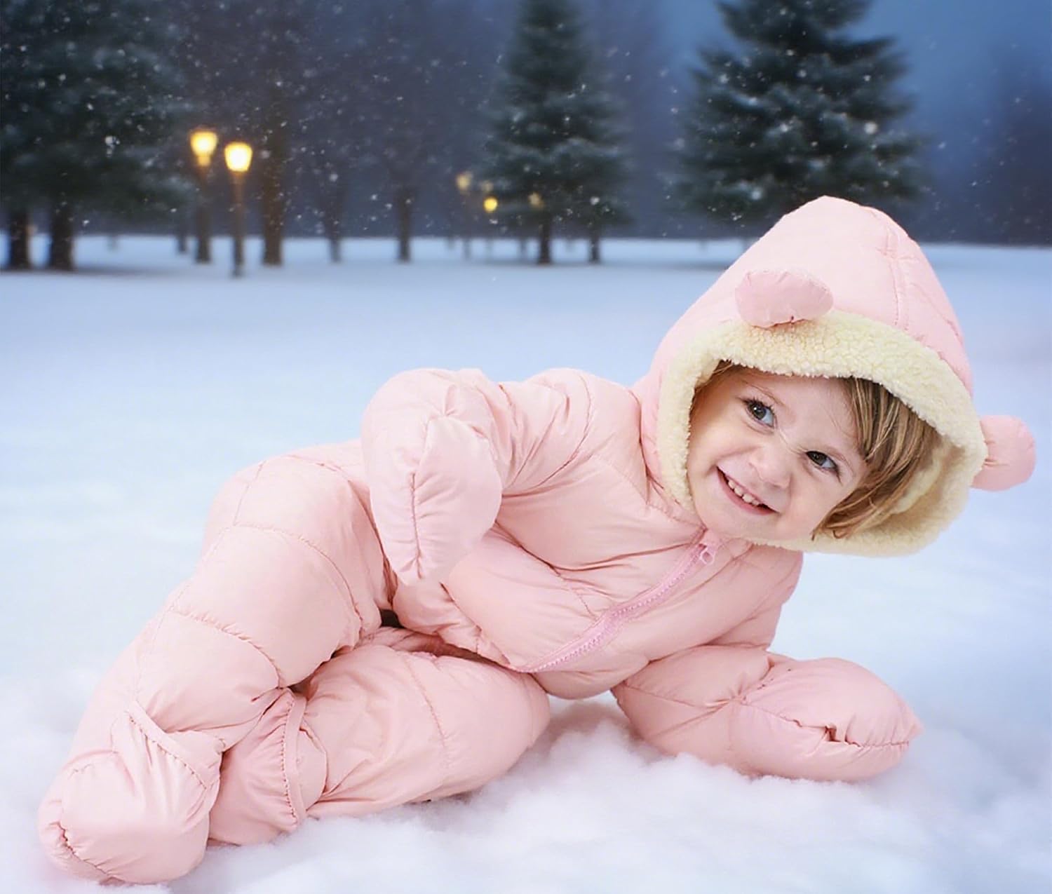 Toddler wearing a pink one-piece puffer snowsuit while playing in the snow, showing cozy full-body coverage for cold-weather fun.