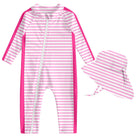 Toddler girls pink striped long sleeve rash guard swimsuit with front zipper and matching sun hat for beach, pool and summer water play.