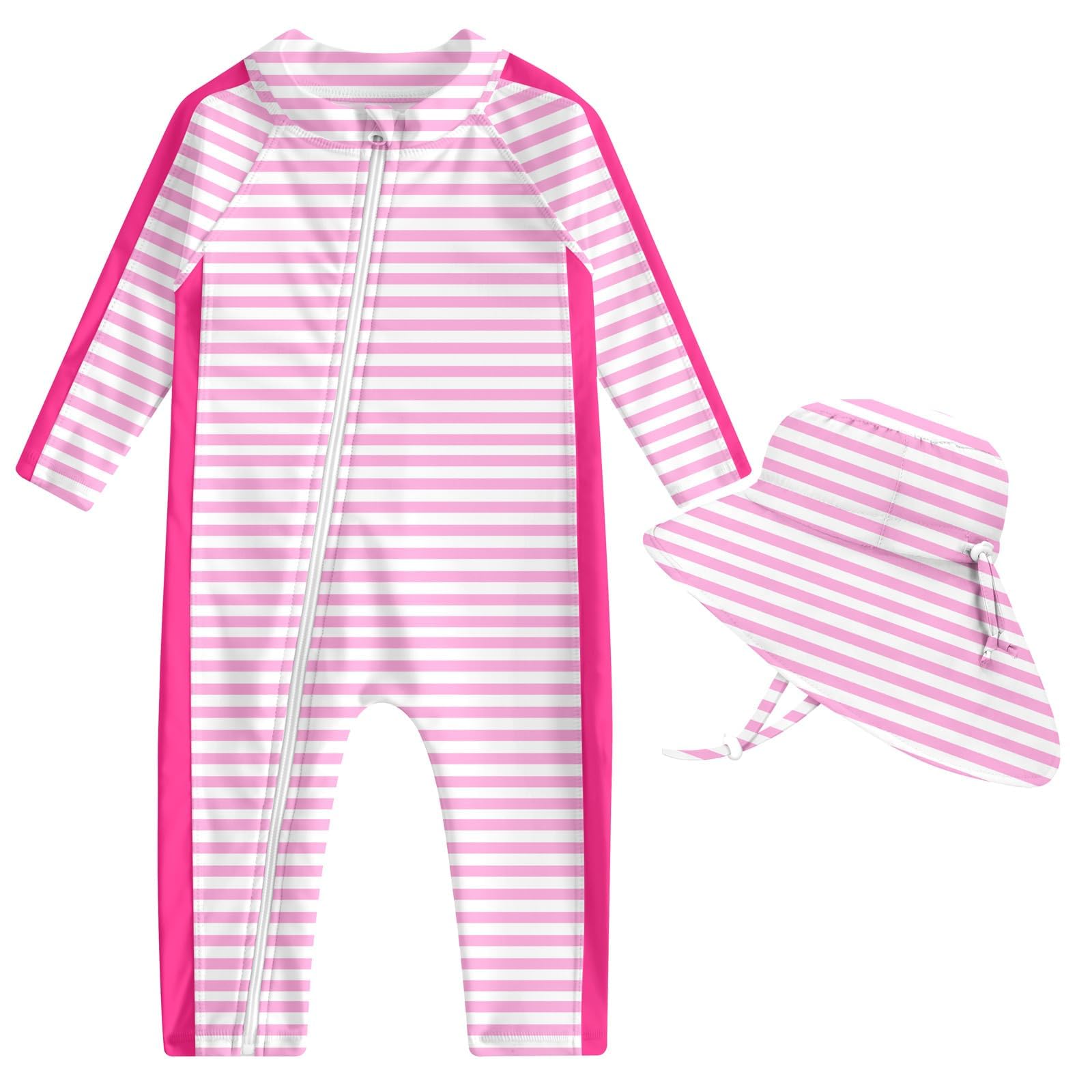 Toddler girls pink striped long sleeve rash guard swimsuit with front zipper and matching sun hat for beach, pool and summer water play.