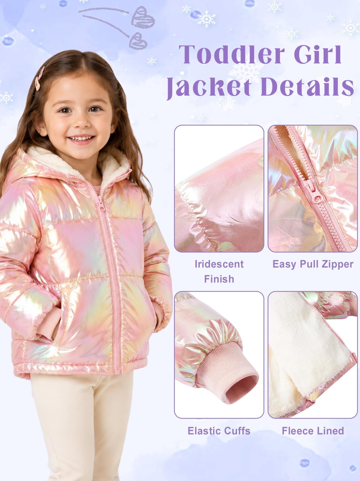 Close-up of toddler puffer jacket showing the hood, zipper closure, quilted padding and soft fleece lining details.
