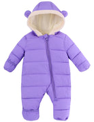 Toddler purple one-piece puffer snowsuit with bear-ear hood and quilted winter design for snow days and cold-weather outings.