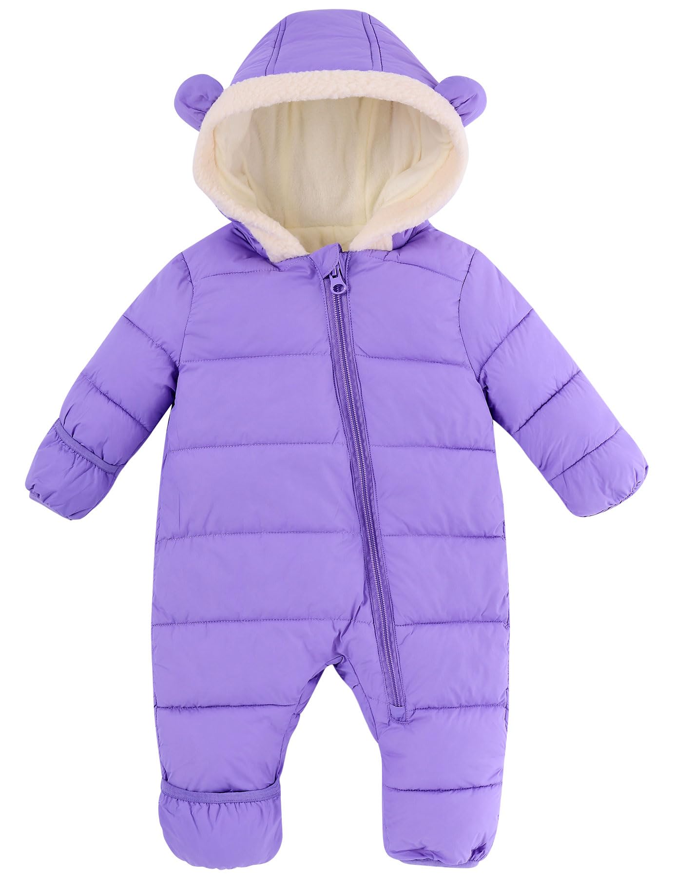 Toddler purple one-piece puffer snowsuit with bear-ear hood and quilted winter design for snow days and cold-weather outings.