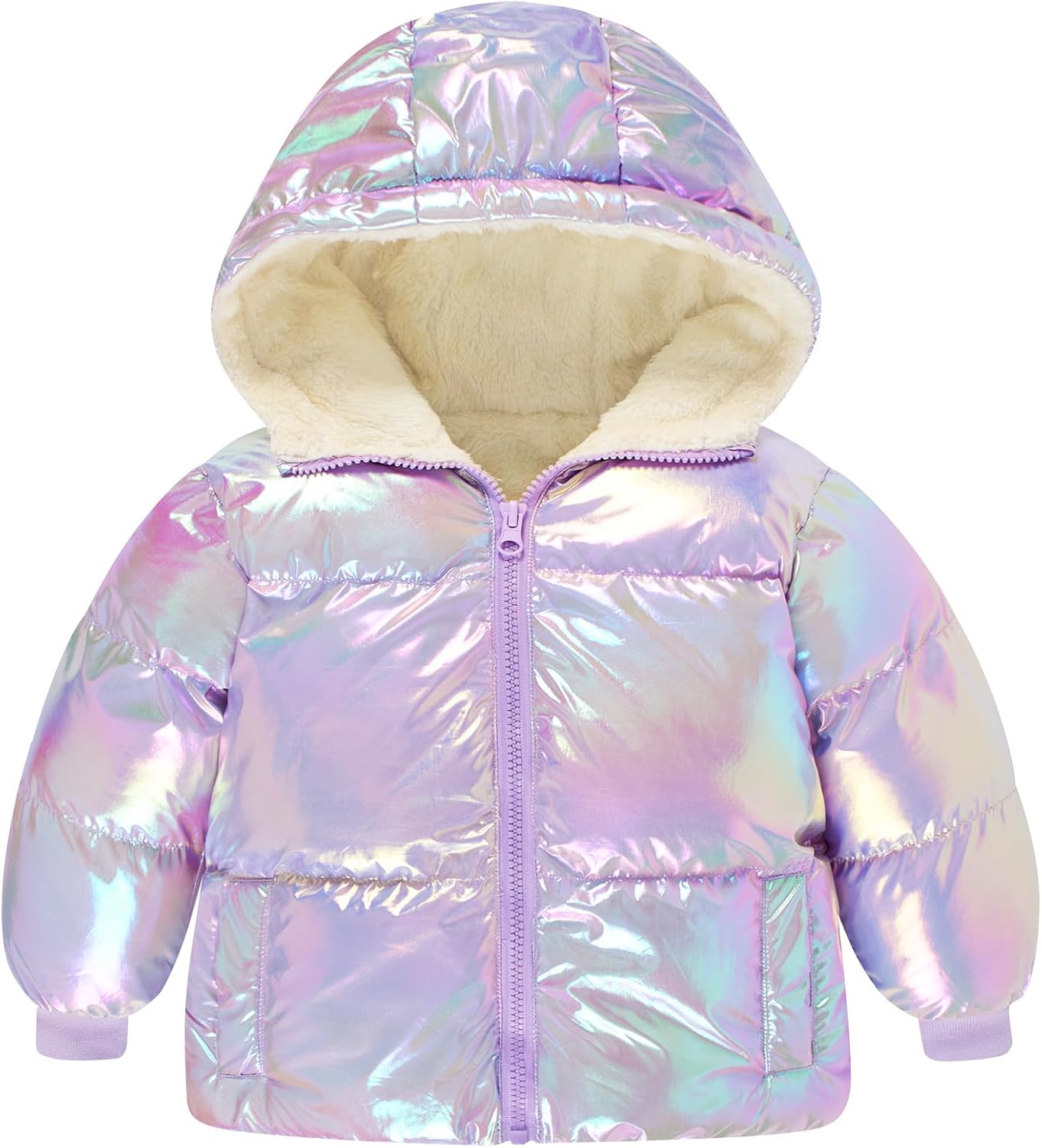 Toddler girls purple shimmer puffer jacket with warm fleece lining, hooded design and lightweight padding for winter wear.