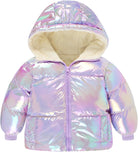 Toddler girls purple shimmer puffer jacket with warm fleece lining, hooded design and lightweight padding for winter wear.