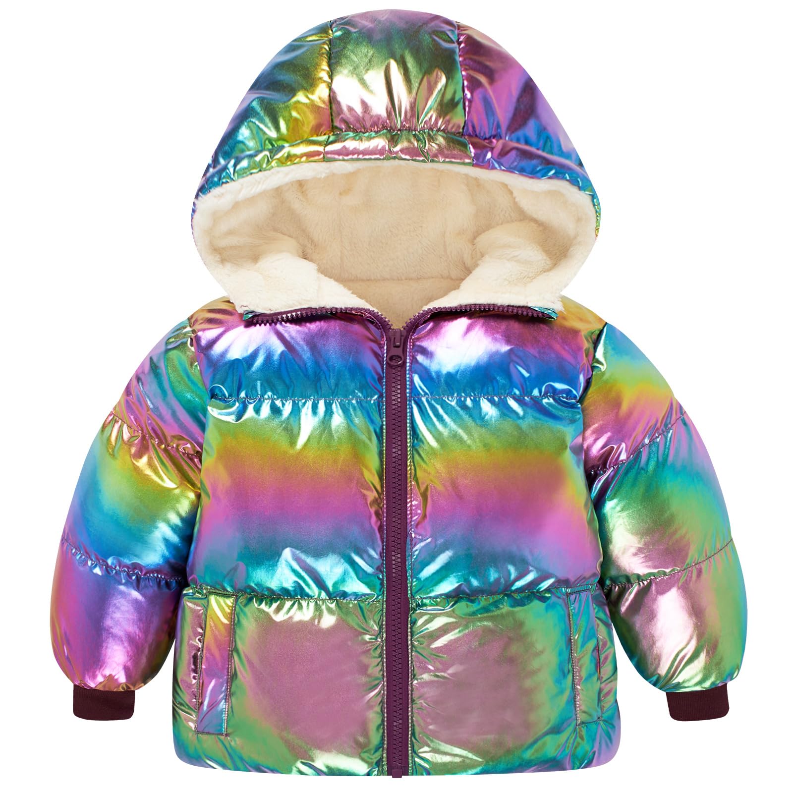 Toddler girls purple shimmer puffer jacket with soft fleece lining, hooded design and full zipper closure for cold weather comfort.