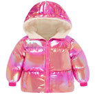 Toddler girls raspberry pink shimmer puffer jacket with warm fleece lining, lightweight padding and cozy hood for winter outfits.