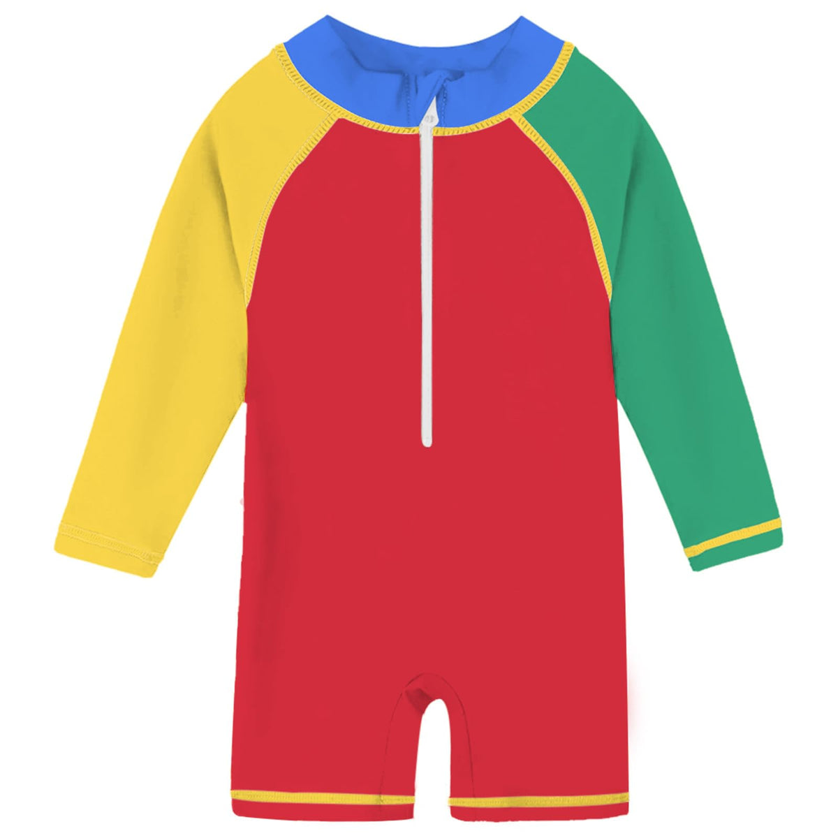 Toddler red colorblock long sleeve rash guard swimsuit with front zipper and stretch fabric for beach, pool and summer swimming.